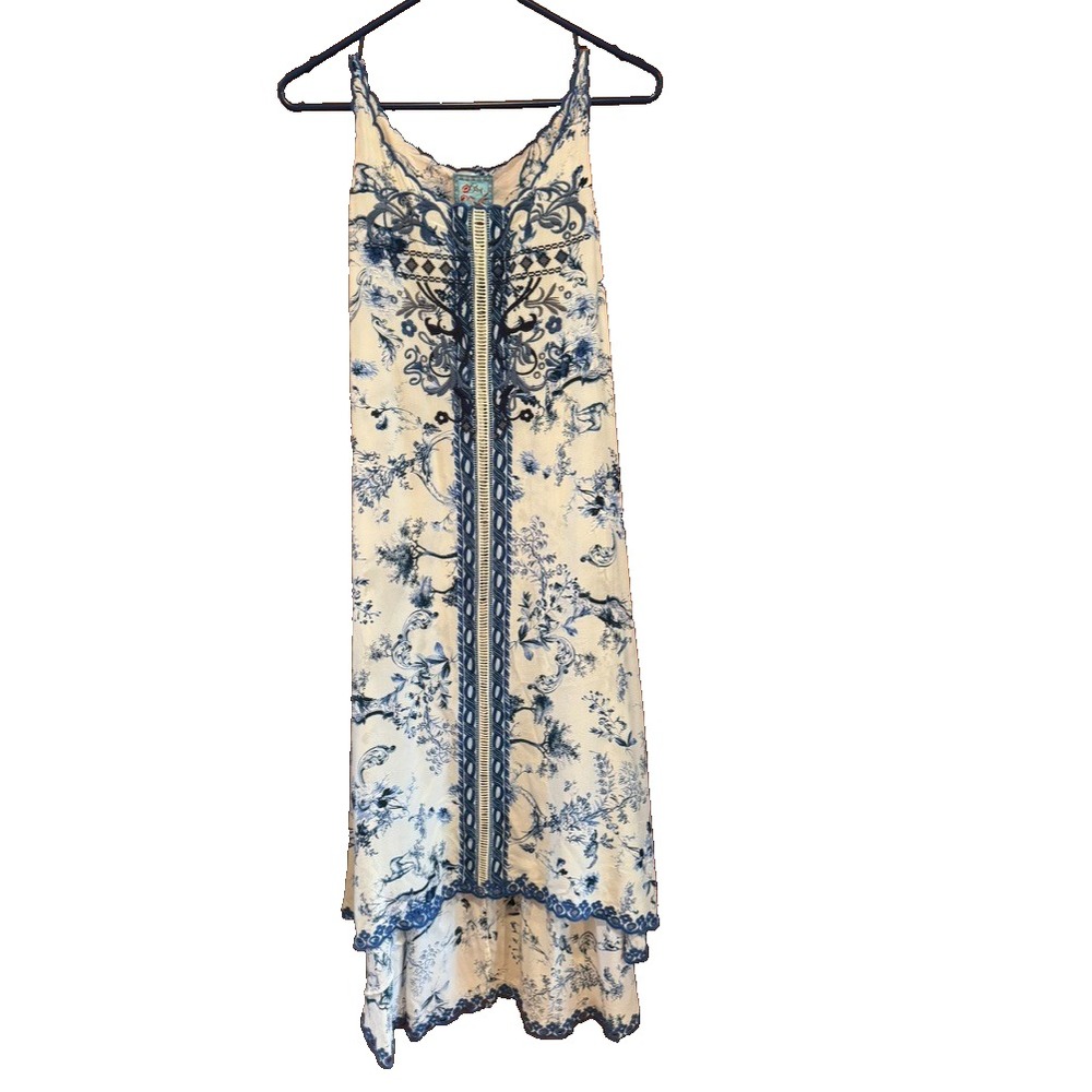 Johnny Was floral Silk Maxi tunic Dress Medium embroidered blue handkerchief hem